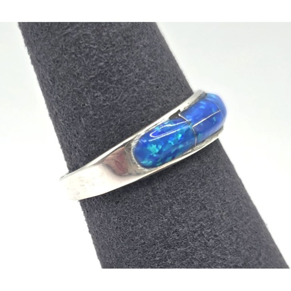Blue Opal Sterling Silver Inlaid Band Ring Size 8 Unisex Stackable Signed SM
